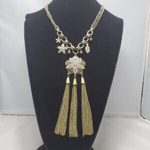 Vetta multi layer antique gold chain with floral charms and tassels